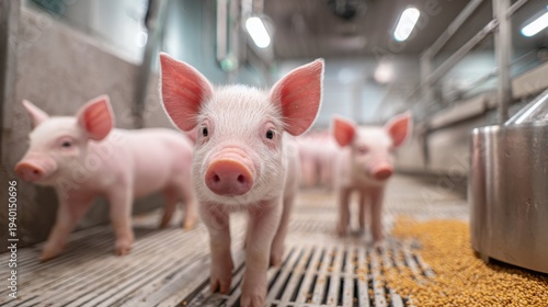 Curious piglets standing together. These adorable piglets have a pink skin. 