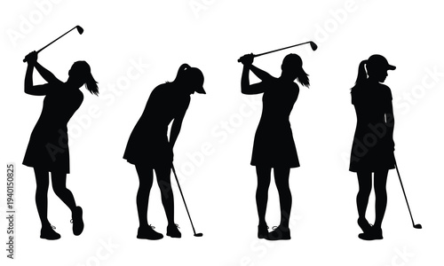 Four female golf silhouettes in various swing positions
