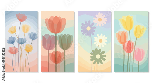 Set of 4 Watercolor Style Floral Vector Illustrations with Pastel Tulips and Daisies on Gradient Backgrounds, Ideal for Spring Decor and Wall Art