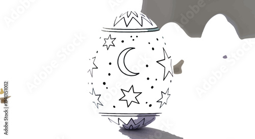 Beautifully hand-painted easter egg stands prominently on a light surface, showcasing intricate celestial designs including a crescent moon and shimmering stars, perfect for springtime celebrations.