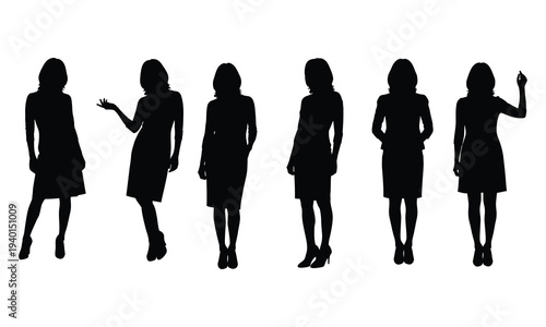 Silhouettes of six women in various poses in black dresses