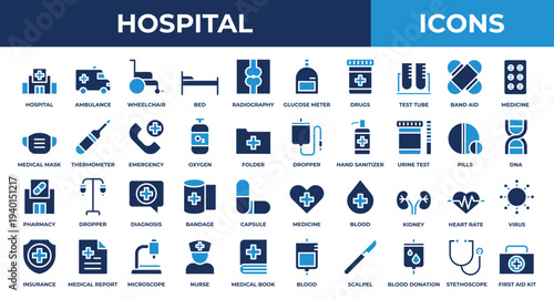 hospital set icon, consisting of blue icons such as ambulance, thermometer, medicine, scalpel, stethoscope and others