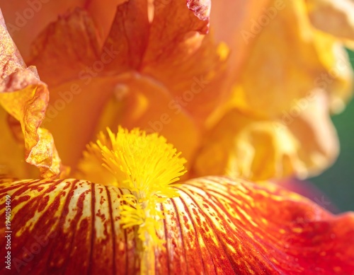 Close-up of a Vibrant Orange and Yellow Iris Flower.
