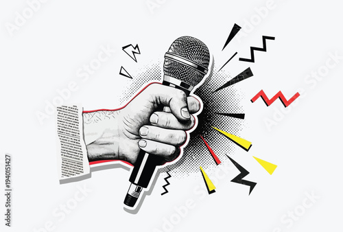 Trendy halftone collage hand holding microphone with abstract shapes
