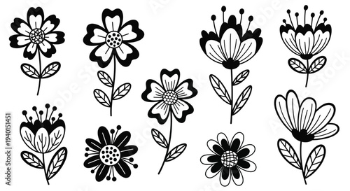 A collection of various flowers and plants in a vintage illustration style