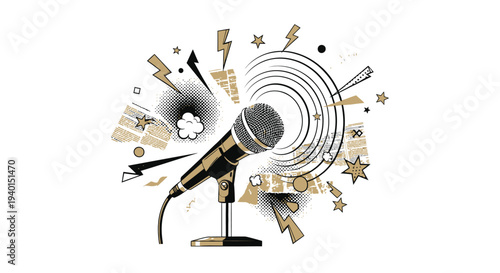 Trendy halftone collage hand holding microphone