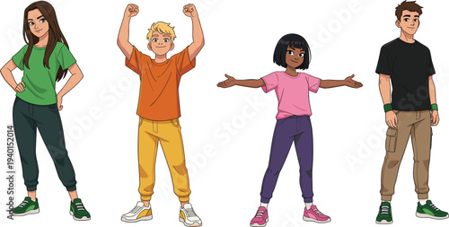 Diverse cartoon teenagers standing together happy young people characters illustration boys and girls friendship concept isolated on white background