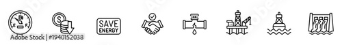 Energy crisis, oil industry, conservation and power infrastructure line icon set. Editable stroke.