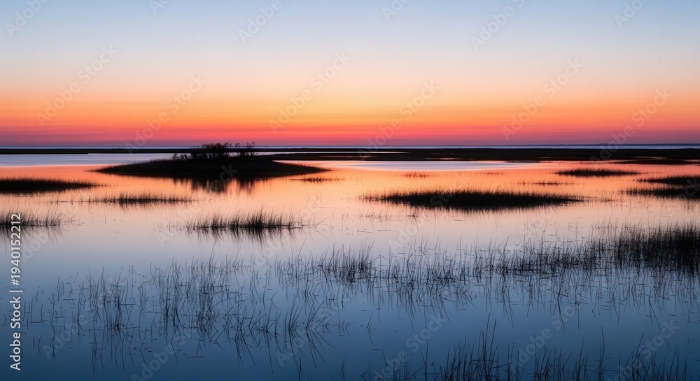 Obraz premium Serene Sunrise Over Wetland with Calm Water and Vibrant Sky