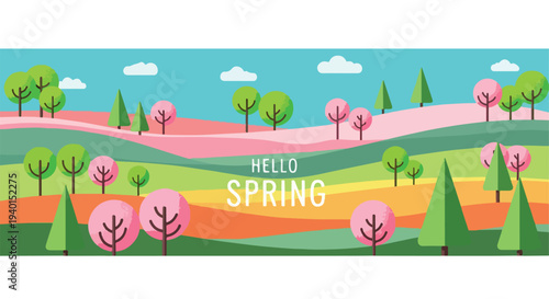 Hello Spring vector illustration with colorful rolling hills, green trees, and pink blossoming trees under a blue sky with clouds, ideal for seasonal banners and backgrounds.