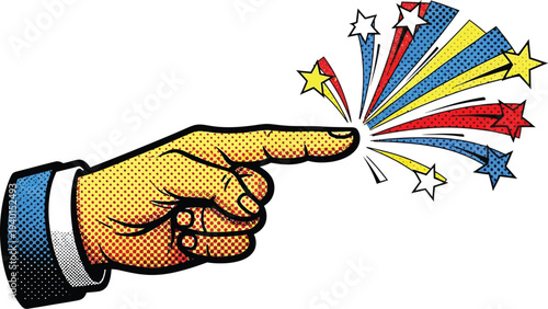 Trendy halftone collage pointing hand with colorful comic star burst and retro pop art abstract explosion background