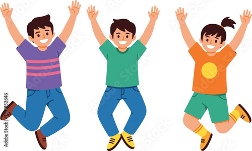 Happy kids jumping cartoon children celebrating joy and excitement playful boys and girl jumping vector illustration fun childhood concept