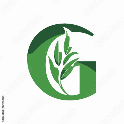 Green letter g logo with plant element on white background vector design