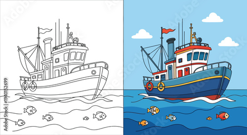 Cute ship coloring page for kids sailboat outline illustration before and after coloring
