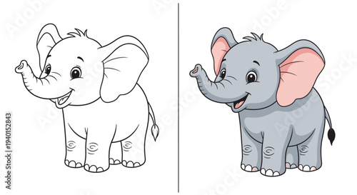 Cute elephant coloring page for kids adorable jungle animal outline illustration before and after coloring