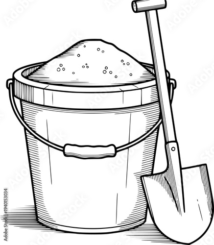 Black and white line of a sand bucket filled with sand and a shovel a white background