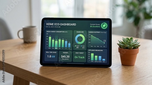 Tablet on Wooden Desk Showing Smart Home Energy and Carbon Dashboard