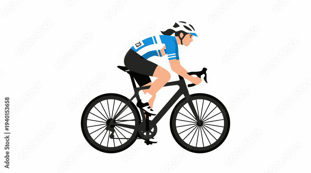Fototapeta premium Professional female cyclist on a road bike illustration. Woman athlete in helmet and cycling gear, actively riding a modern racing bicycle.
