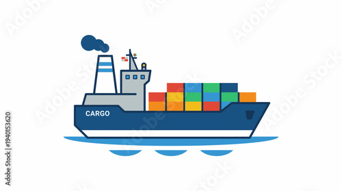 Blue container ship sailing on water with colorful freight containers. Global shipping, international trade, and logistics transportation vector icon.