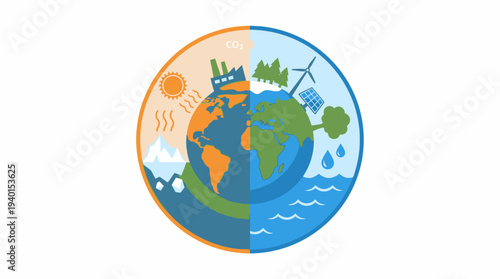 Climate Change vs. Sustainability: Earth's Future with Pollution and Renewable Energy Solutions Vector Illustration