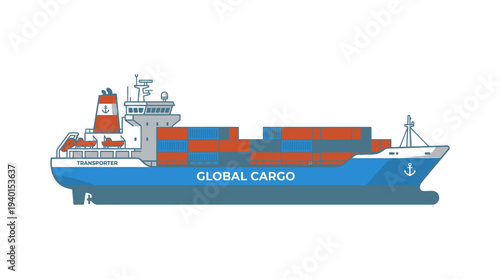 Container ship illustration for global cargo transportation and international logistics. Flat vector icon of a freighter boat with shipping containers.