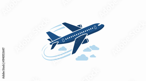 Stylized blue airplane flying through clouds icon. Modern vector illustration of a passenger plane taking off for travel concept.