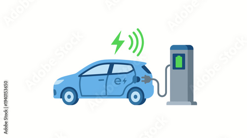 Electric vehicle charging at a public station illustration. EV car receiving power, eco-friendly green energy transport technology concept.