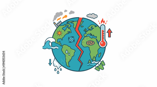 Climate Change Global Crisis Illustration: Earth Showing Environmental Damage, Pollution, Rising Temperatures, and Melting Ice