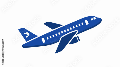 Dynamic blue airplane taking off icon illustration, symbolizing aviation, air travel, global transport, and departure.