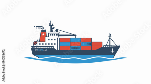 Flat design illustration of a cargo ship carrying shipping containers, symbolizing global logistics, ocean freight, and international trade.