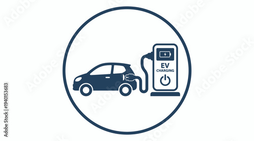 Electric Vehicle (EV) Car Charging Station Icon. Eco-friendly Automobile with Green Energy Battery Plug-in for Sustainable Transport.