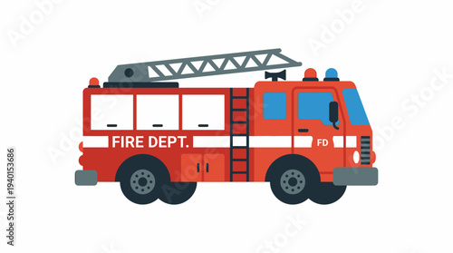 Red fire truck emergency vehicle vector illustration. Flat design fire engine for rescue service, safety, and rapid response.