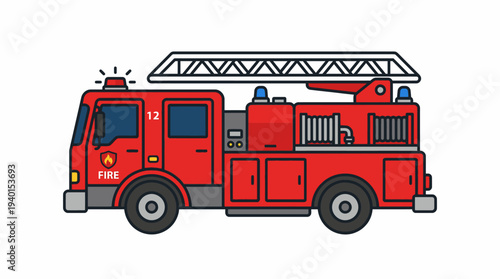 Red Fire Truck Vector Illustration. Emergency Fire Engine with Ladder Icon for Rescue, Safety, and Public Service.