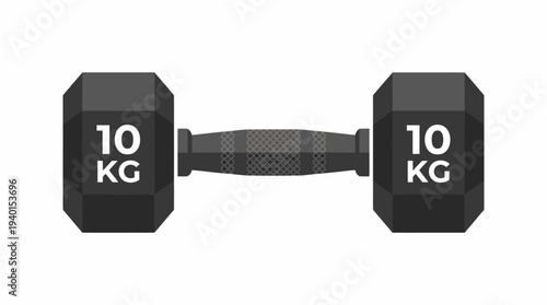 Black 10 KG Dumbbell for Strength Training and Fitness Workout. Isolated Gym Exercise Equipment on White Background.