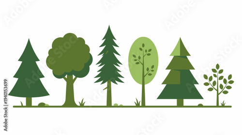 Abstract green stylized trees banner illustration with diverse tree types. Nature, forest, ecology, and environment design element.
