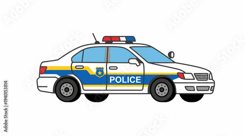 Vector illustration of a police patrol car with flashing emergency lights and siren, isolated on white background. Law enforcement vehicle.