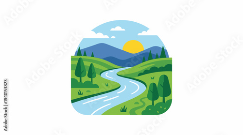 Beautiful cartoon landscape illustration with a winding river, green rolling hills, distant mountains, vibrant trees, and a bright sun.