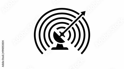 Black and white icon of a satellite dish emitting radio waves with an upward arrow, symbolizing global communication and signal transmission.