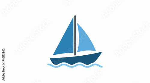 Simple blue sailboat sailing on water waves, nautical flat design illustration, marine transport vector graphic for leisure and travel