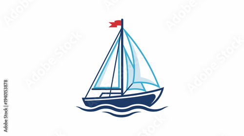 Stylized illustration of a sailboat with blue sails and a red flag, cruising on gentle waves, representing leisure and adventure