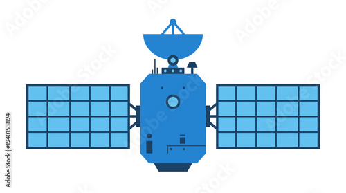 Blue satellite flat design illustration with solar panels for global communication, space technology, and orbital exploration