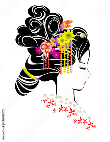 女性の顔、日本髪、着物