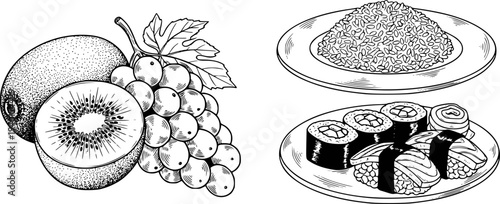 Vintage line of kiwi fruit grapes rice and sushi white background