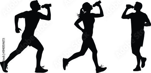 Running athletes drinking water silhouettes fitness runners hydration sport training active people isolated vector illustration set