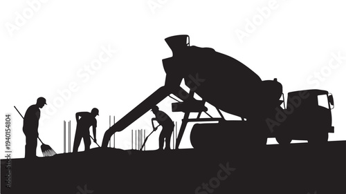 Construction workers pouring concrete from cement mixer truck in silhouette style with dramatic lighting for industrial background