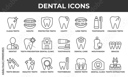 Dental icon set. Consisting of line icons such as mouth, cavity, infection, braces, dentist, and many more.