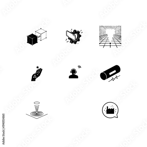 Spatial computing and industrial metaverse linear icon set, digital twin, AR maintenance and virtual factory simulation vector symbols