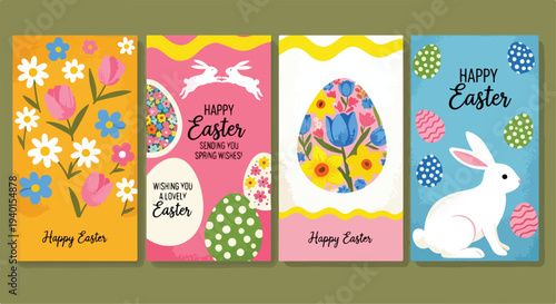 Set of 4 Happy Easter vertical greeting cards with colorful floral designs, decorated eggs, and cute bunnies, perfect for spring holiday celebrations and social media posts