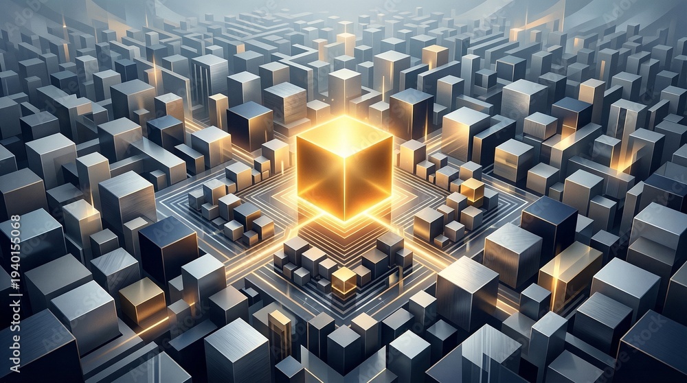 Obraz premium Futuristic Cityscape with Glowing Central Cube, Digital Network, Abstract Architecture