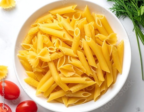 Penne pasta in a white bowl with tomatoes and dill.